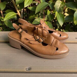 SILENT D Tan Leather Slingback Oxfords Heels Size 37 / US 7